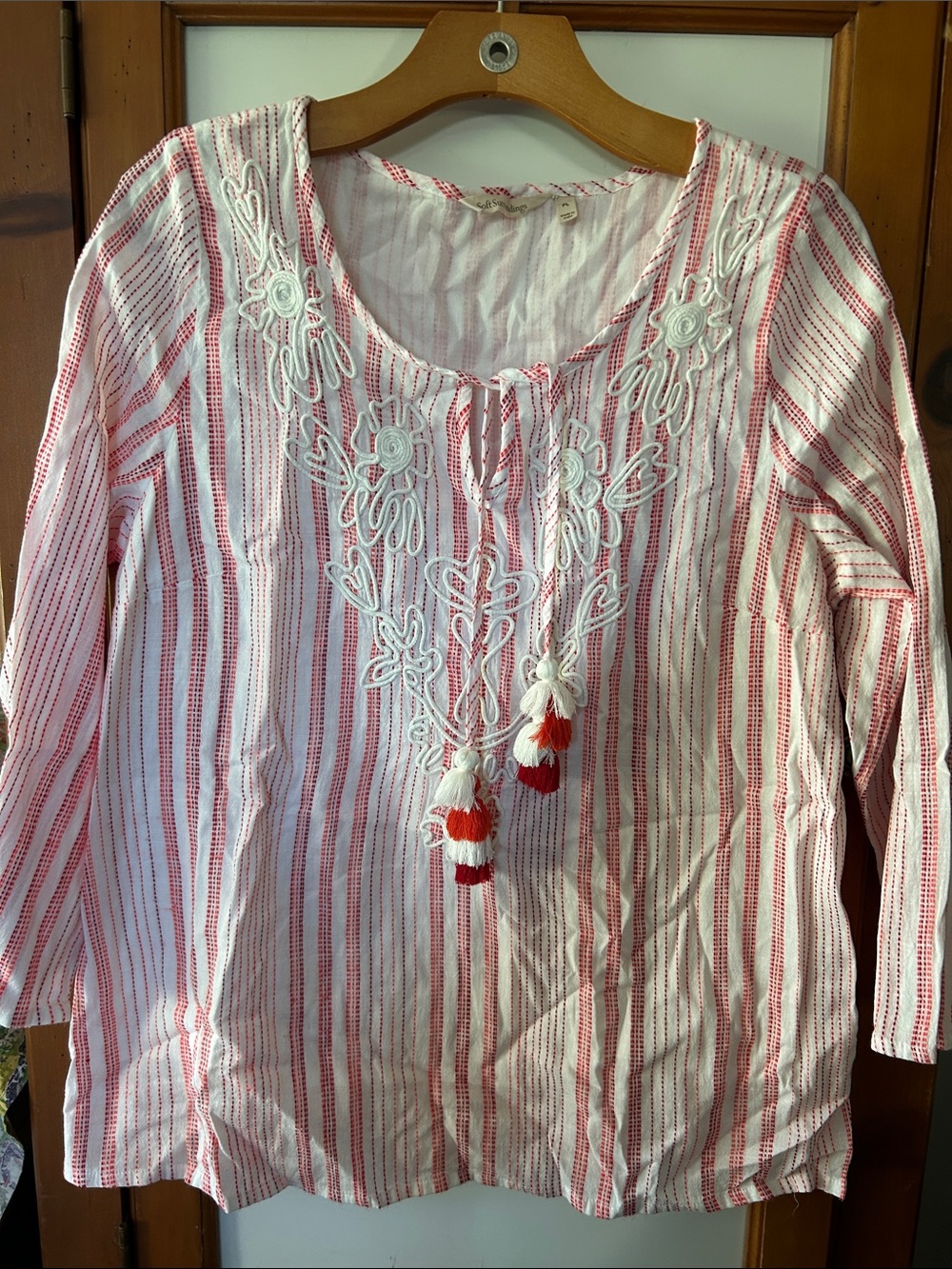 Soft Surroundings Women's Red & White Embroidered Tassel Peasant Tunic